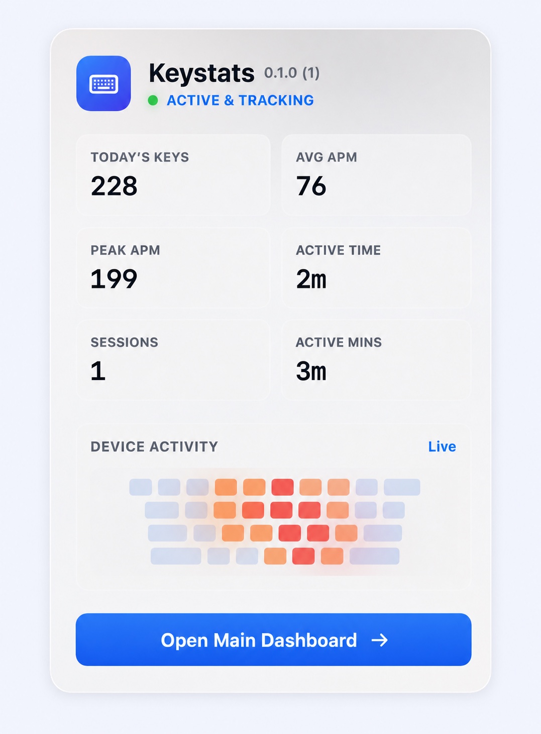 Keystats menu bar dashboard with live metrics and a keyboard heatmap