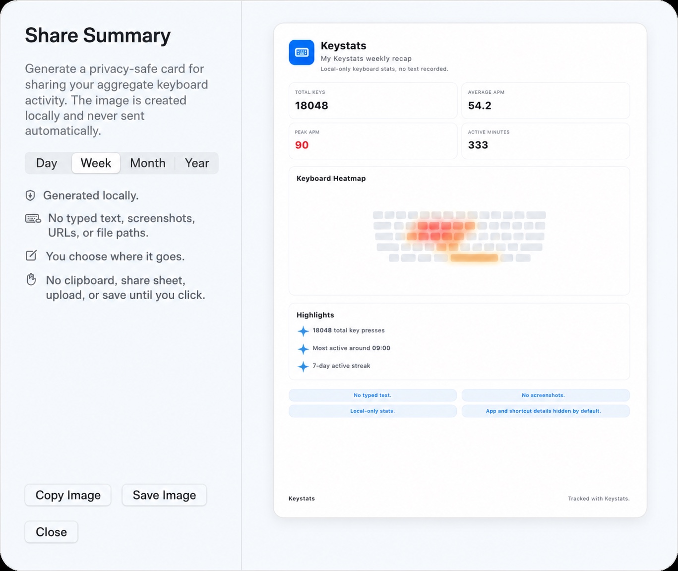 Keystats privacy-safe weekly share card generated locally
